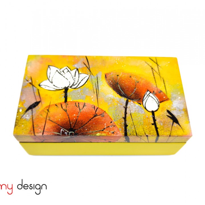 Yellow rectangular lacquer box hand-painted with lotus pond 8*14*H5 cm